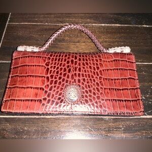 Vintage Brighton Handbag Womens Croc Embossed Brown Leather Braided Strap Purse